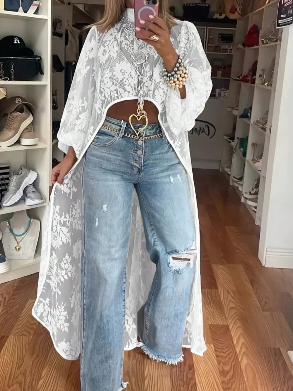 White Casual Women's Sheer Lace Long Bishop Stand Collar Top